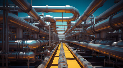 Complex network of metal pipes in an industrial facility, showcasing intricate engineering and modern infrastructure. Concept of industrial technology, engineering, and pipeline systems.
