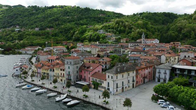 Beautiful Town Of Pella Facing Lake Orta In Italy - Drone Shot