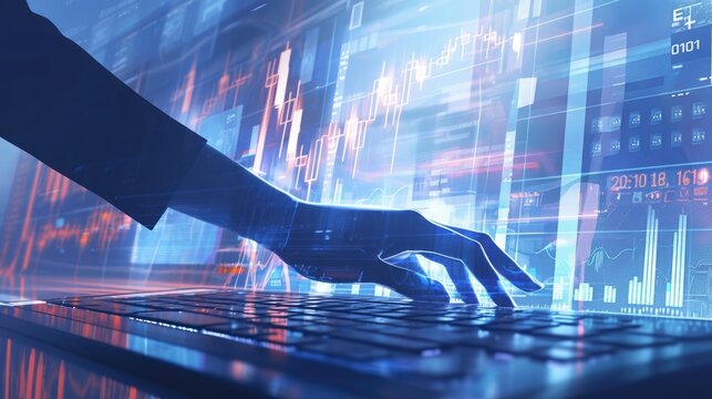 Detailed shot of fingers on a keyboard, illuminated by a radiant light glow, with binary code streams and fluctuating stock graphs in the background, representing a high-tech financial environment.