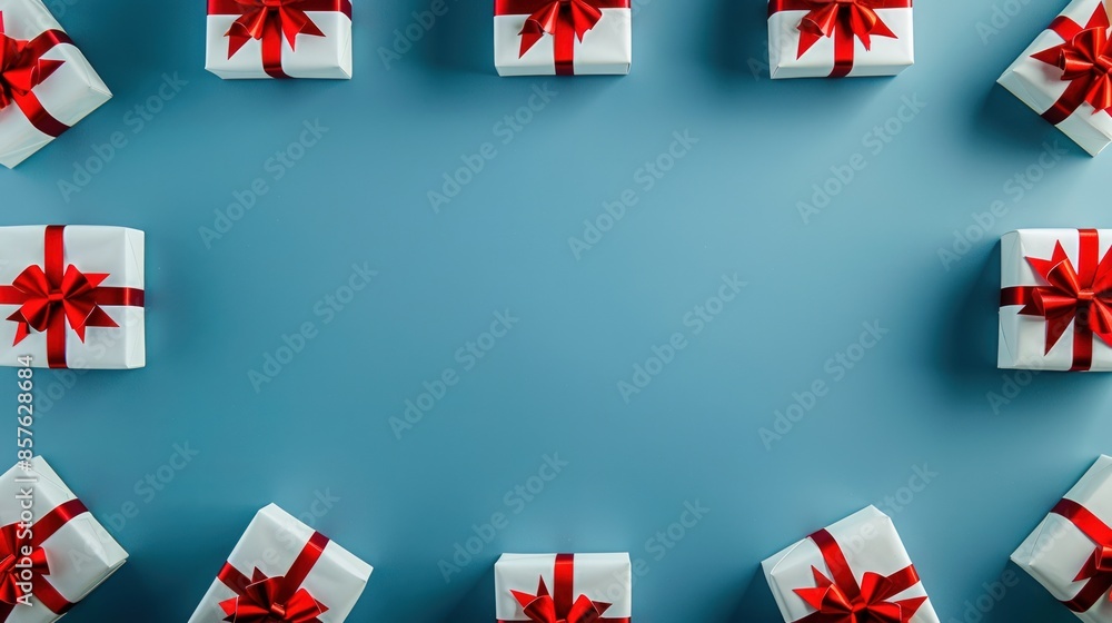 Poster a row of white and red boxes with red bows on top. generate ai image
