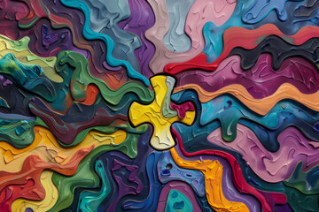 Fototapeta premium A single puzzle, brightly colored, fitting into an abstract, complex design, representing the fitting together of ideas to form a complete picture