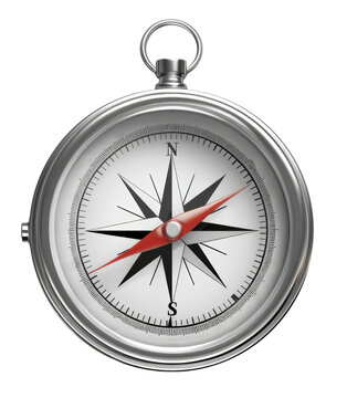 A detailed image of a classic silver pocket compass with a red needle, isolated on a transparent background.