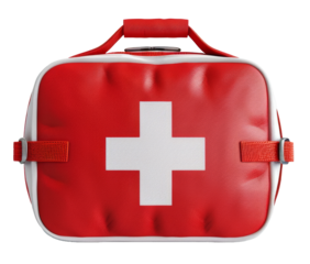 A bright red first aid kit with a white cross on the front, isolated on a transparent background.