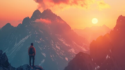 A happy traveler enjoys the golden hour in the mountains, standing amidst towering peaks as the sun dips below the horizon, casting a warm glow over the landscape, offering ample copy space for