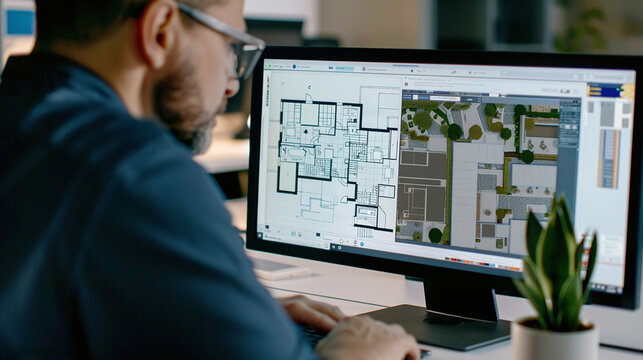 male architect showing floor plan design to client, engineer pointing out a detail in a plan, explanation