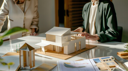 close-up of female architect showing 3D cardboard model of house project to a client in architecture design studio, professional meeting