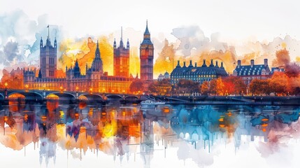 Obraz premium A vibrant watercolor of London's skyline at sunset. 