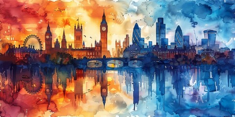 Obraz premium A vibrant watercolor of London's skyline at sunset. 