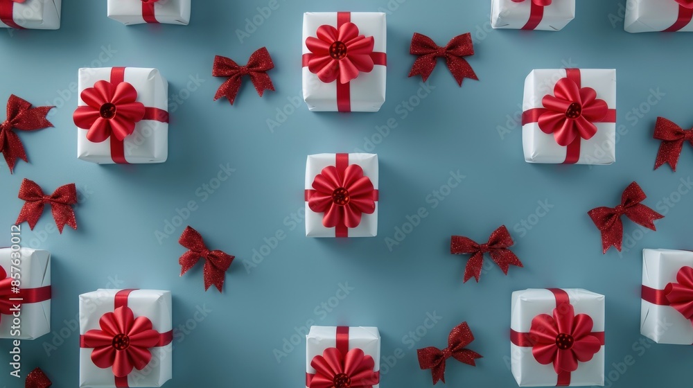Poster a row of white and red boxes with red bows on top. generate ai image