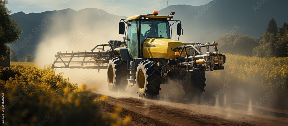 Wall mural Yellow Tractor Spraying Crops in a Field - Wall murals