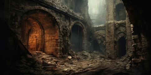 history background of a dark tunnel with a wooden door leading to a stone building