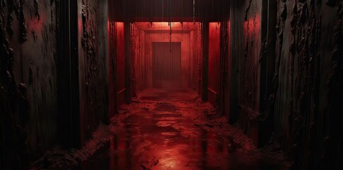 horror background with red light at the end of the tunnel