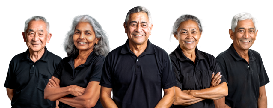 A group of senior individuals wearing black polo shirts, standing together and smiling, isolated on a transparent background.