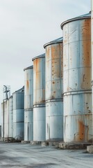 Fototapeta premium A row of large, rusty metal silos in an industrial setting