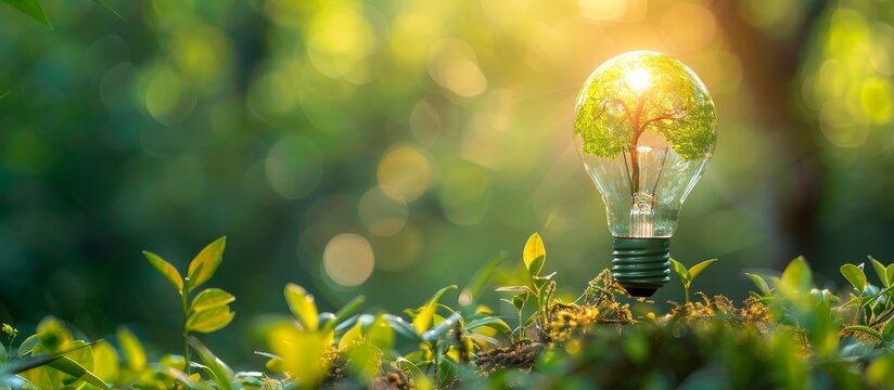 Eco-Friendly Lighting Solution: Energy Saving Light Bulb with Green Tree Globe in Tropical Nature Setting