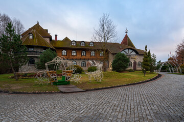 Obraz premium View of the Zevany castle on the territory of the park of culture and recreation of the agrotouristic complex Korobchitsy, Grodno, Belarus
