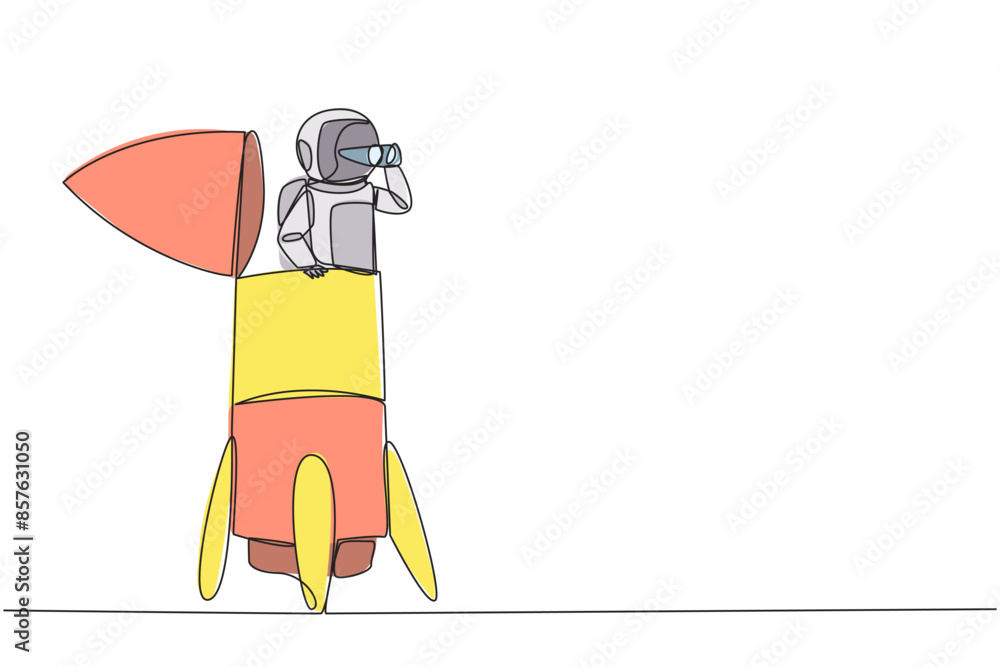 Poster single continuous line drawing astronaut emerges from the end of the rocket looking for something th