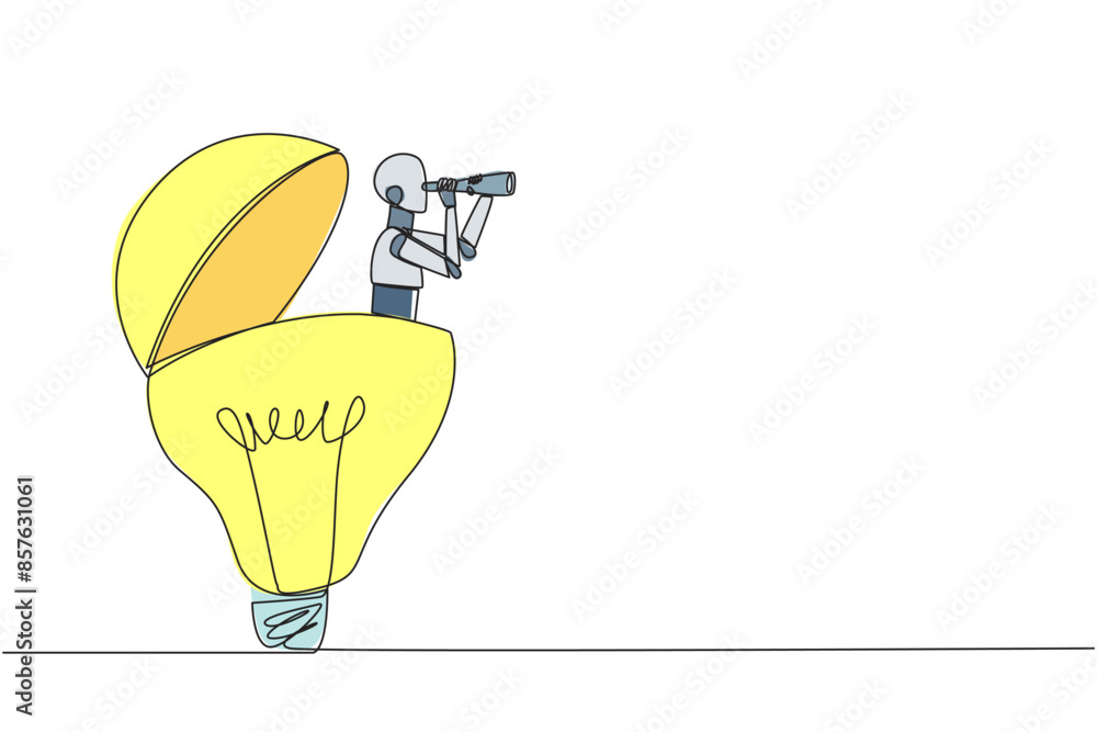 Poster continuous one line drawing a robot emerges from lightbulb looking for something with binoculars. sc