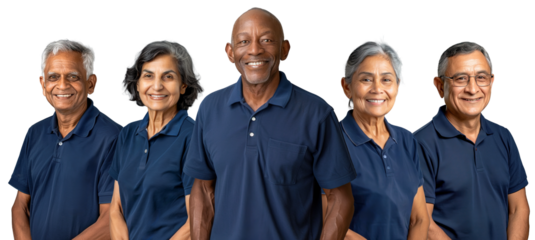 A diverse group of elderly employees wearing blue polo shirts as job uniform, standing together and smiling, isolated on a transparent background.