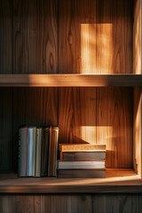 A simple wooden bookshelf with a few books glowing, indicating the illumination that comes from knowledge and ideas 