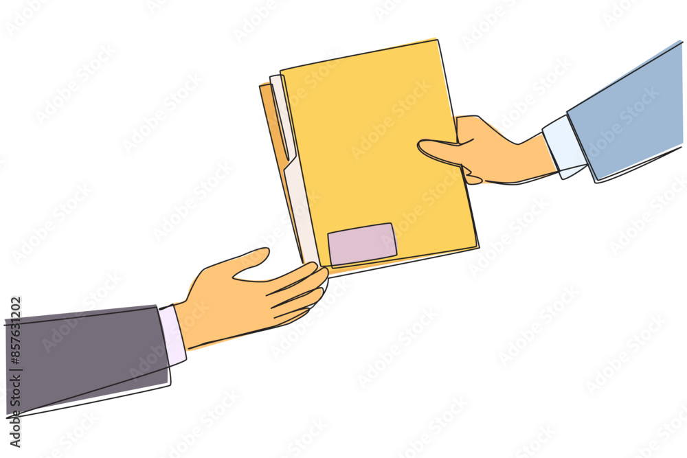 Poster continuous one line drawing hand gives document folder. concept of sharing work data. provide work t