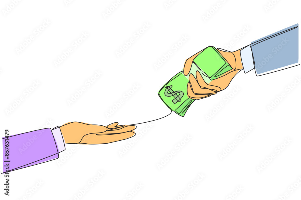 Poster single continuous line drawing a hand passes a stack of banknotes to colleague. without checks. acqu