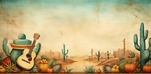 mexican backgrounds with cactus and guitar on the wall