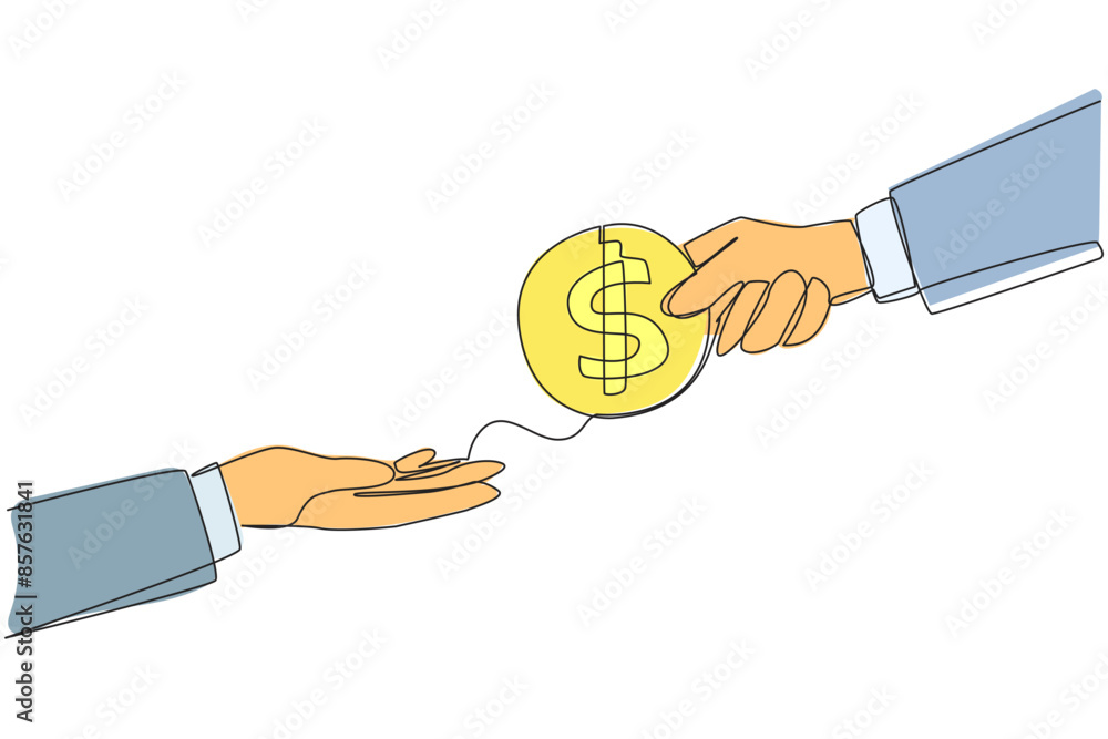 Poster single continuous line drawing a hand gives a coin with a dollar symbol to colleague. pay for someth