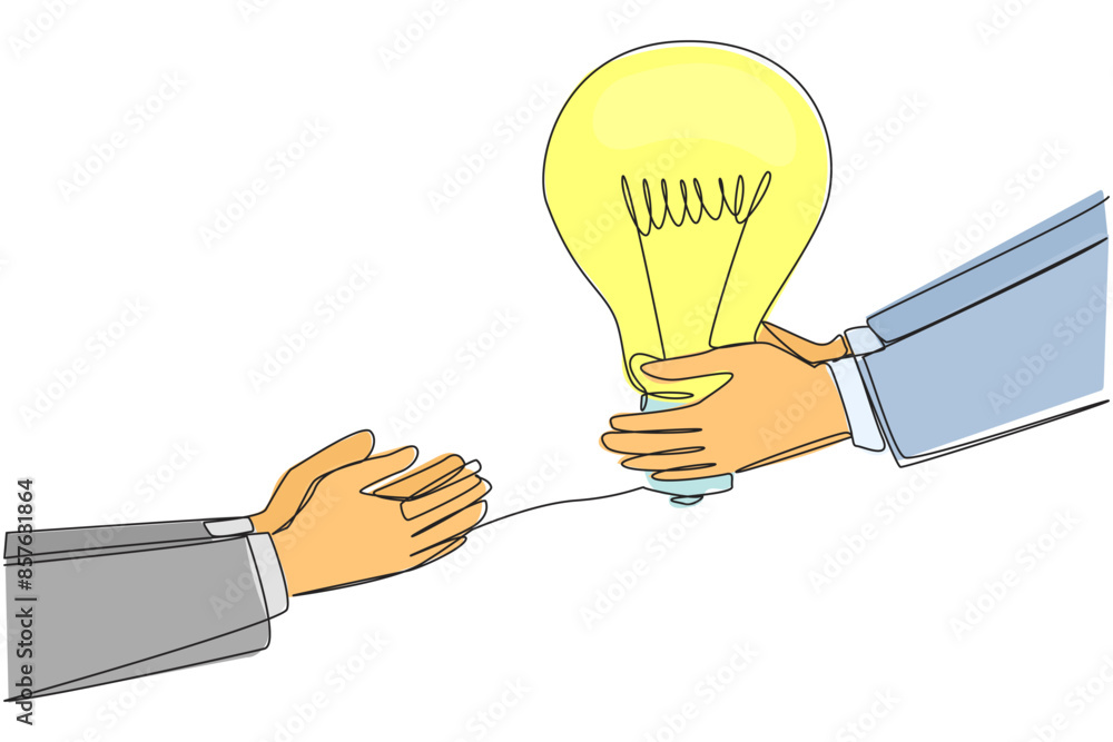 Sticker Continuous one line drawing hand giving lightbulb to colleague. Providing best advice for the good and progress of business. Great partner. Brainstorming. Single line draw design vector illustration