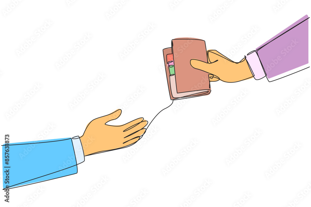 Poster continuous one line drawing a hand passes a wallet to colleague. full trust is given. manage finance