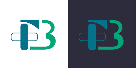 Letter F and B logo monogram, minimal style identity initial logo mark with a medical cross. vector emblem green and blue logotype for business cards initials.