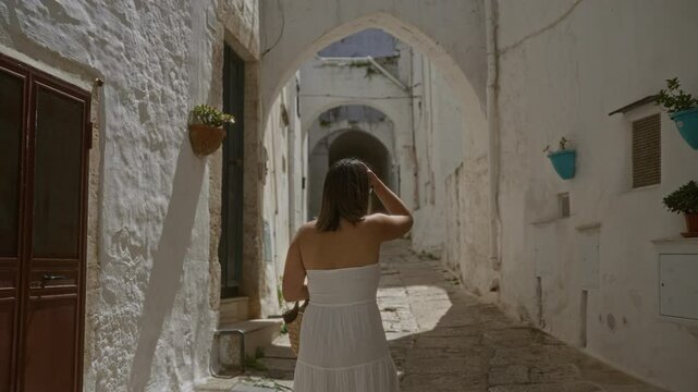 A young hispanic woman in a white dress walks through the charming narrow streets of ostuni, an old town in puglia, italy, on a sunny day.