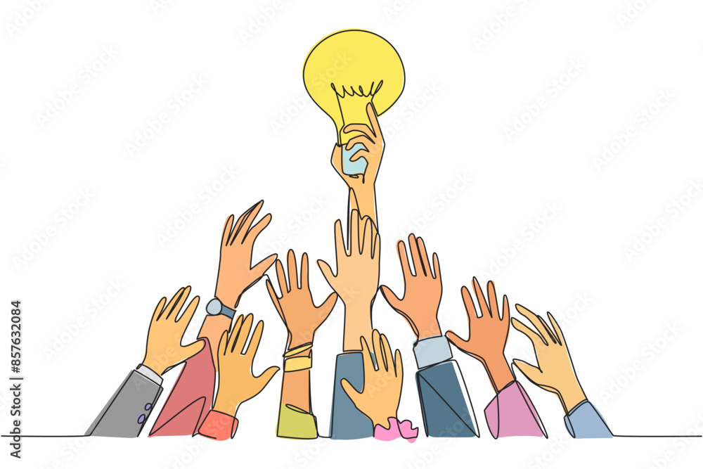 Poster single one line drawing hands fighting for the lightbulb. fighting over references. create a busines