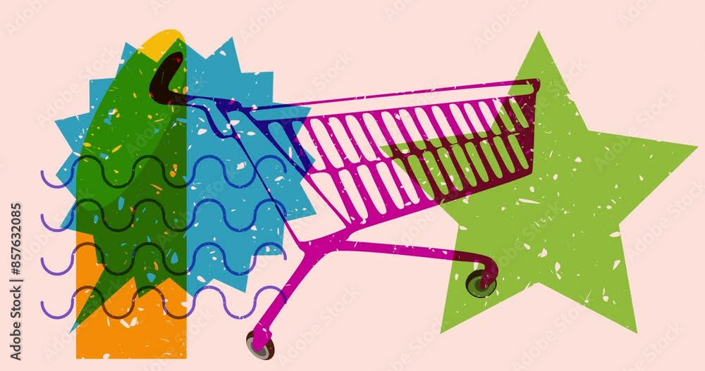 Poster risograph shopping cart and speech bubble with geometric shapes animation. moving object in trendy r