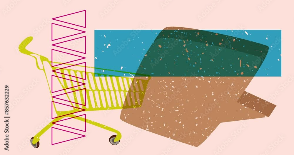 Poster risograph shopping cart and speech bubble with geometric shapes animation. moving object in trendy r