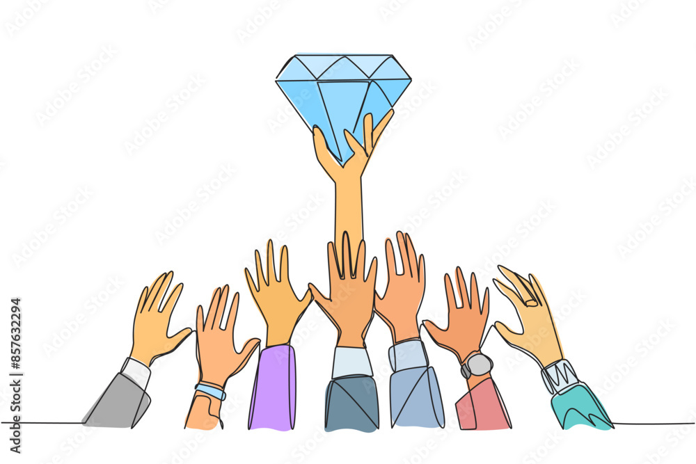 Poster continuous one line drawing hands fighting for diamonds. fighting for luxury. greedy hands want to c