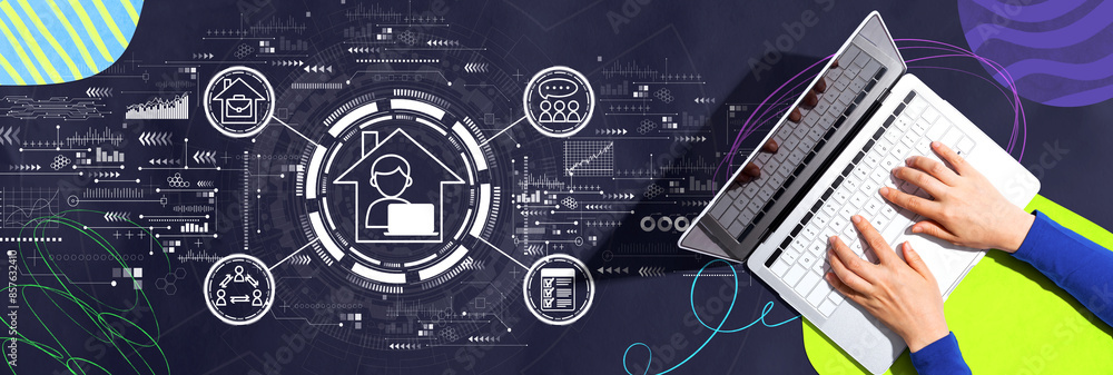 Poster remote work theme with person using a laptop computer