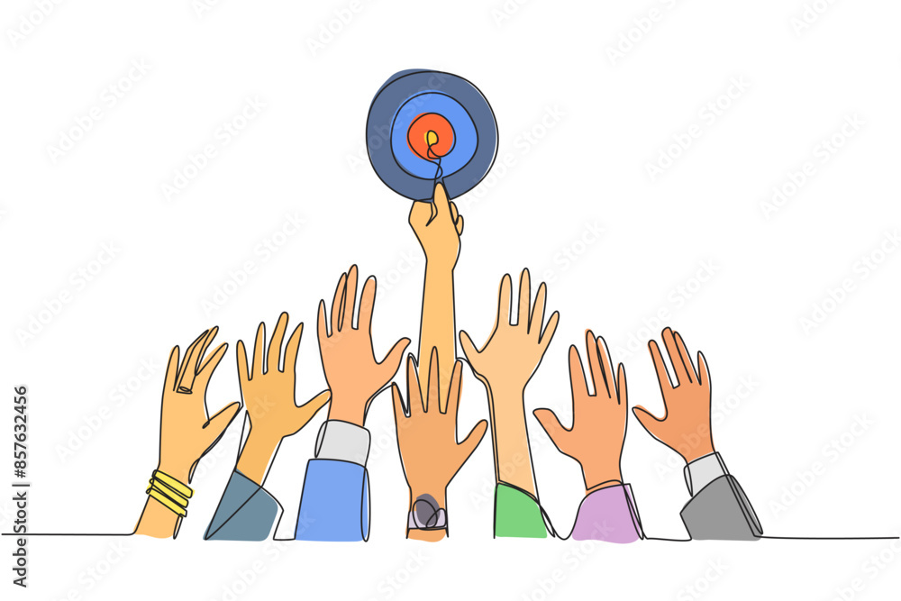 Poster continuous one line drawing hands fighting over arrow target board. struggle towards success that ma