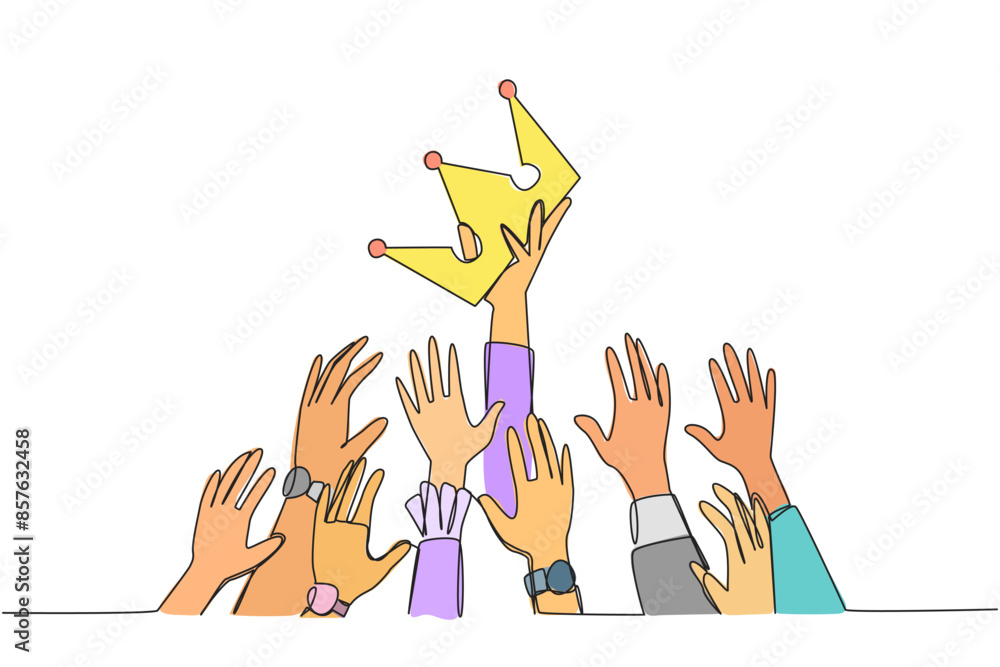 Poster single continuous line drawing hands fighting for the crown. fighting for power with each other. uti