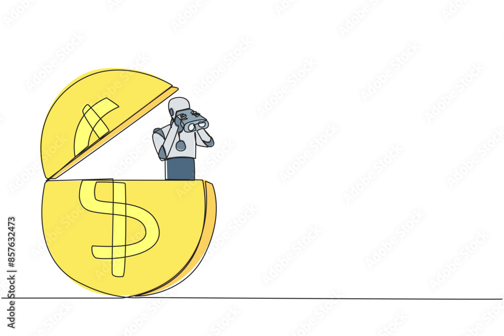 Poster single one line drawing a robot emerges from dollar symbol coin look for something with binocular. s