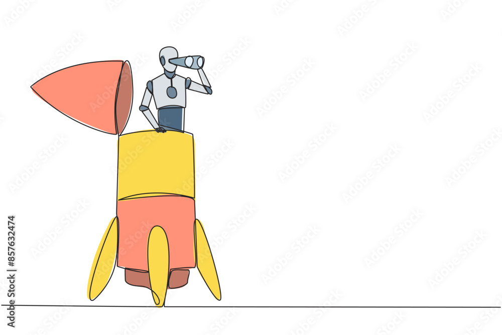Poster continuous one line drawing a smart robot appears from the end of the rocket looking for something t