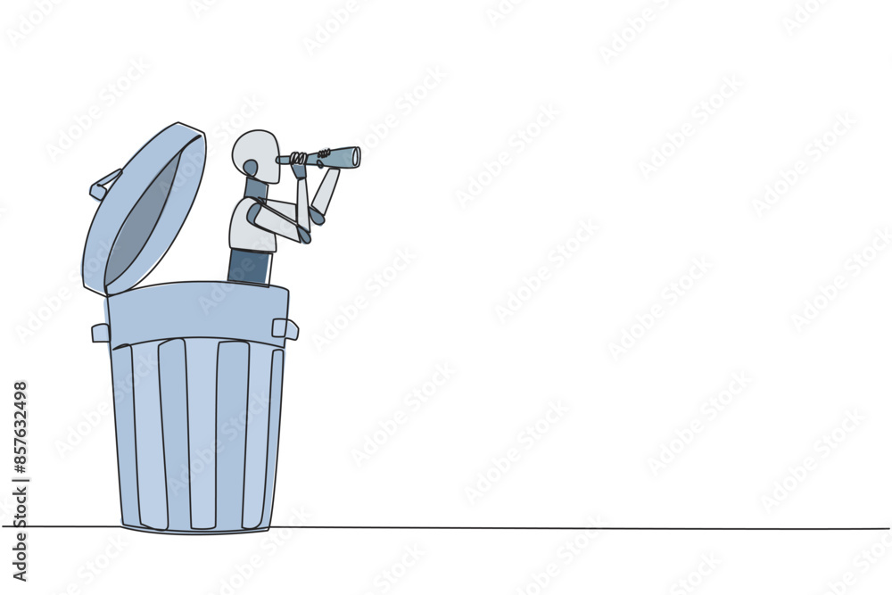 Poster continuous one line drawing a robot emerges from trash bin looking for something through binocular. 