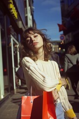 Obraz premium Young woman shopping in bright urban environment. Lifestyle model photo urban outdoor setting.