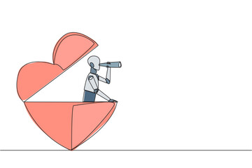 Single one line drawing a robot emerges from shape of a heart look for something with binoculars. Scan. Analyzing social sensitivity. Unfair business. Continuous line design graphic illustration