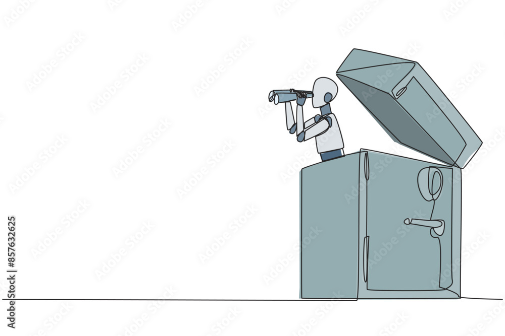 Poster single one line drawing a smart robot emerges from safe deposit box looking for something with binoc
