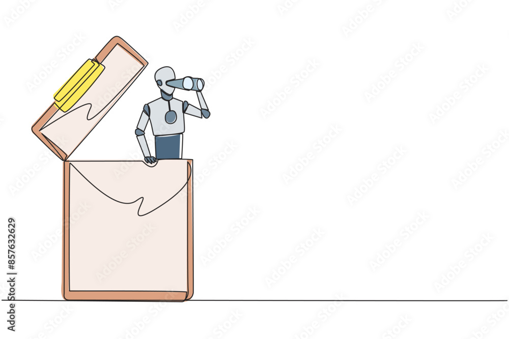 Poster single continuous line drawing a smart robot emerges from the clipboard looking for something throug