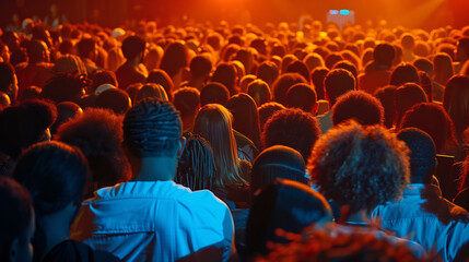 Back view of diverse crowd enjoying a concert, warm stage lighting illuminating the audience, sense of unity and excitement