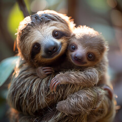 Naklejka premium cute_baby_sloth_with_mom