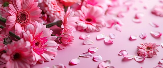 Fototapeta premium Celebrating Love: Cards and Flowers on a Solid Rose Pink Background, Mother's Day, Valentine's Day