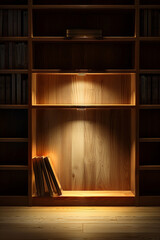 A simple wooden bookshelf with a few books glowing, indicating the illumination that comes from knowledge and ideas 